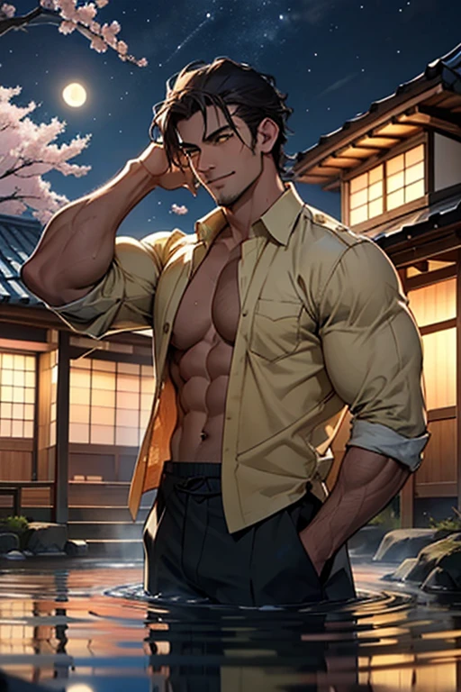 Young man, high, athletic and muscular, BROWN SKIN,  bright yellow eyes, elegant, sensual and masculine, flirtatious smile, handsome, dark hair, graffiti, military court, emerging half-length from a hot spring well, red unbuttoned shirt, WET BODY, (in the background an old Japanese house, the dark evening sky, stars and a big white full moon, A cherry blossom tree in full bloom and the wind making the petals fly)