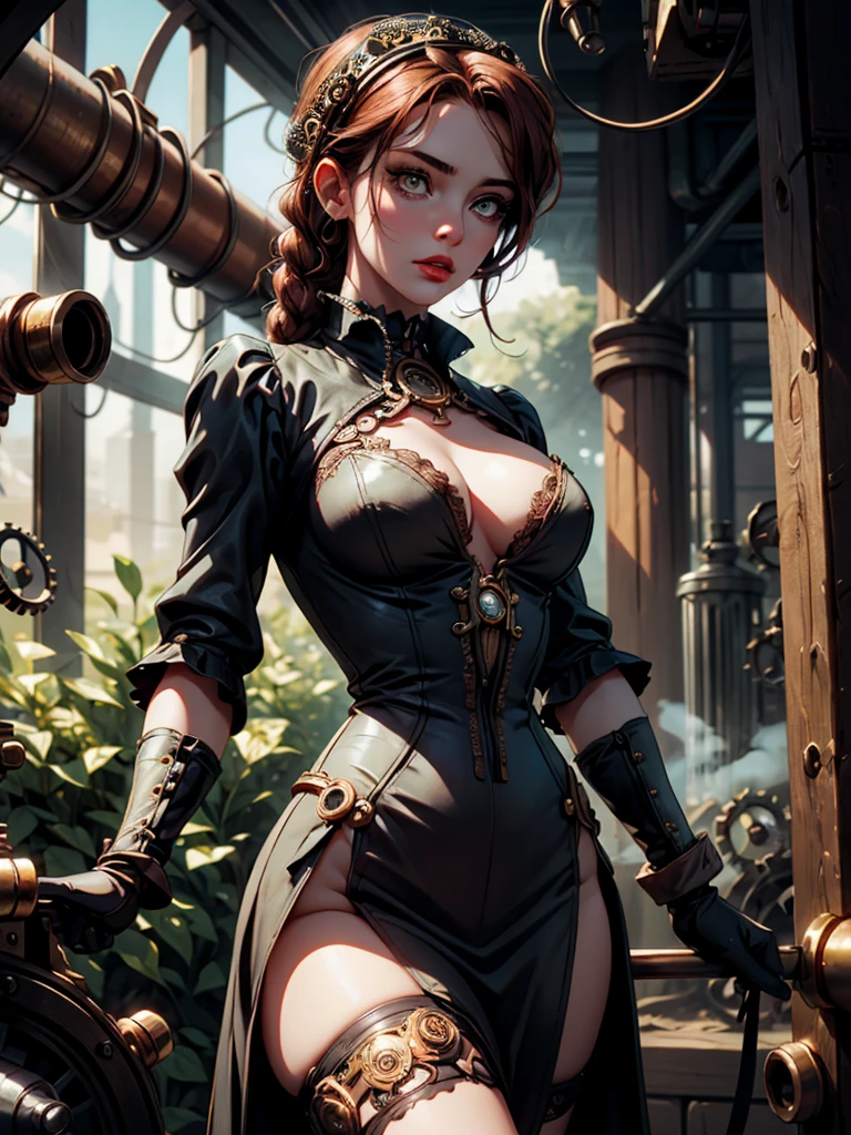 a steampunk-inspired scene, with a beautiful girl in a garden, surrounded by gears, brass pipes, and mechanical contraptions. Her eyes are detailed and mesmerizing, with long eyelashes. She has ruby red lips that add a pop of color to her pale complexion. She wears a corseted dress, adorned with gears, and accessorized with leather gloves and goggles. Her hair is styled in intricate braids and adorned with metal ornaments. The scene is set in a lush garden, filled with vintage roses and twisted vines, with a backdrop of an industrial cityscape. The color palette is rich and warm, with shades of vintage gold, copper, and deep crimson. The lighting is dramatic, with rays of warm sunlight cutting through the steam-filled air. The contraptions in the garden emit steam, creating a sense of motion and energy. The overall image quality is of the highest standard, with ultra-detailed elements and a realistic, photorealistic quality. The composition is carefully crafted, with a focus on the girl and the intricate details of the steampunk world. The art style is a fusion of Victorian aesthetics and futuristic technology, capturing the essence of steampunk. The prompt: (best quality, 4k, highres, masterpiece:1.2), ultra-detailed, realistic:1.37, steampunk, girl in a garden, gears, brass pipes, mechanical contraptions, beautiful detailed eyes, beautiful detailed lips, long eyelashes, corseted dress with gears, leather gloves, goggles, lush garden, vintage roses, twisted vines, industrial cityscape, vintage gold, copper, deep crimson, dramatic lighting, steam-filled air. sultry look, seductive,
