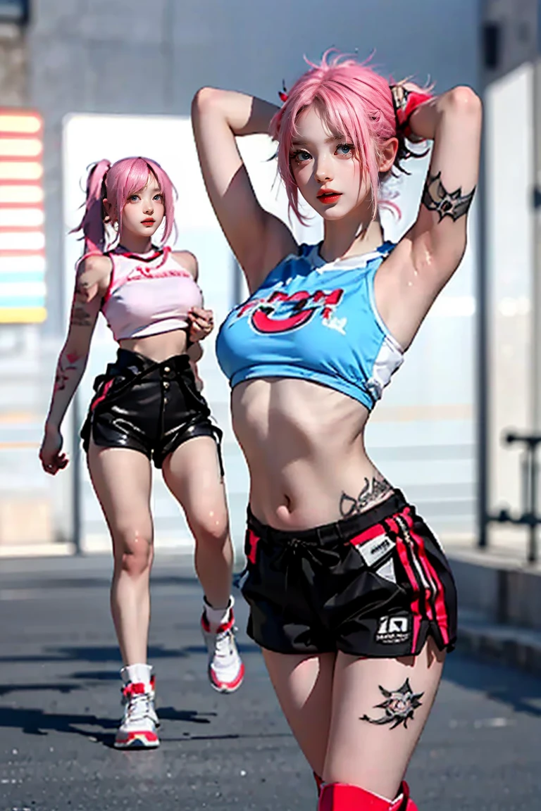 Perfect Style, Beautiful Face, Highly detailed face and skin texture, (Maximum resolution: 1.2), 1 female, alone, Hip Up, jewelry, (((He has many tattoos all over his body)), Streetwear, （Put your hands behind your head）, Pink Hair, Shorts, Sports boots, (((Tight waist))), ((Large Breasts)),