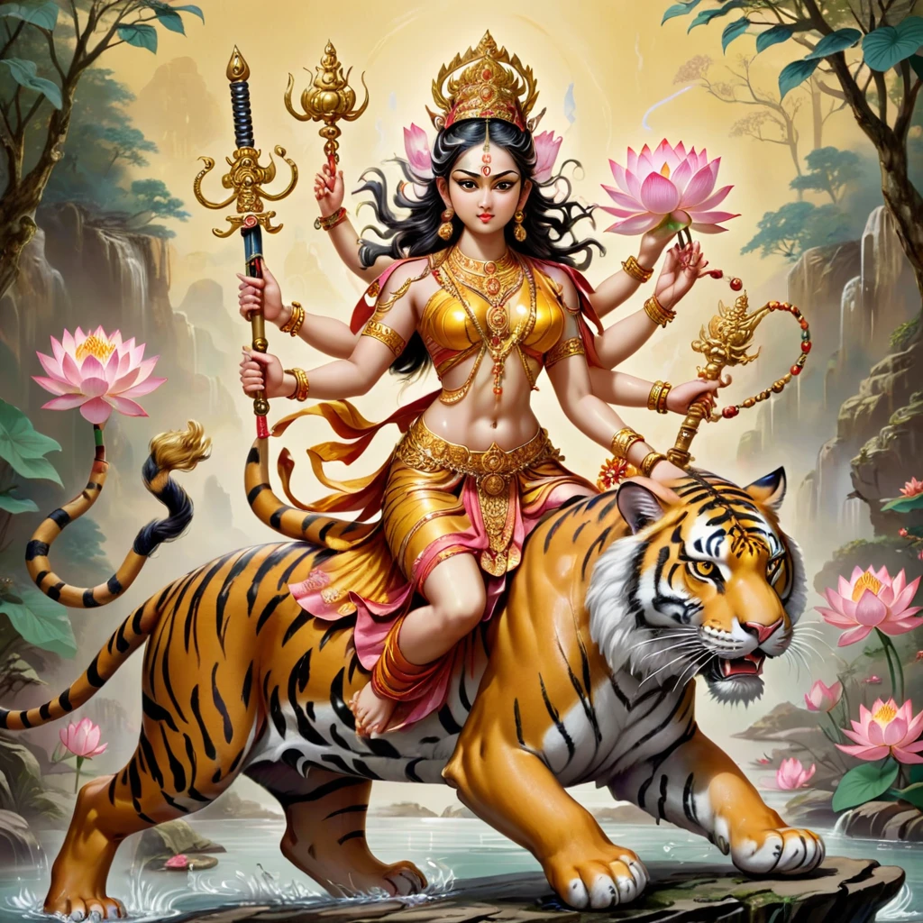 Hindu God。Durga。Beautiful goddess riding a tiger。Four arms on each side。Each one has a bow、sword、Prayer beads、Lotus flower、trident gun、Bulbophyll、disk、Holding a medicine jar。Golden ornaments。