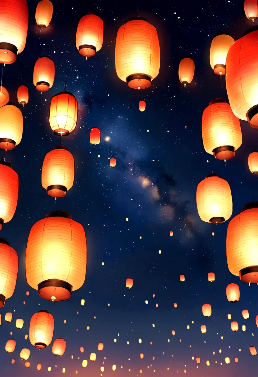 Summer festival、Japan、Bon festival lanterns、Starry Sky、The composition ratio of the sky is 60%、No people、The number of lanterns6t