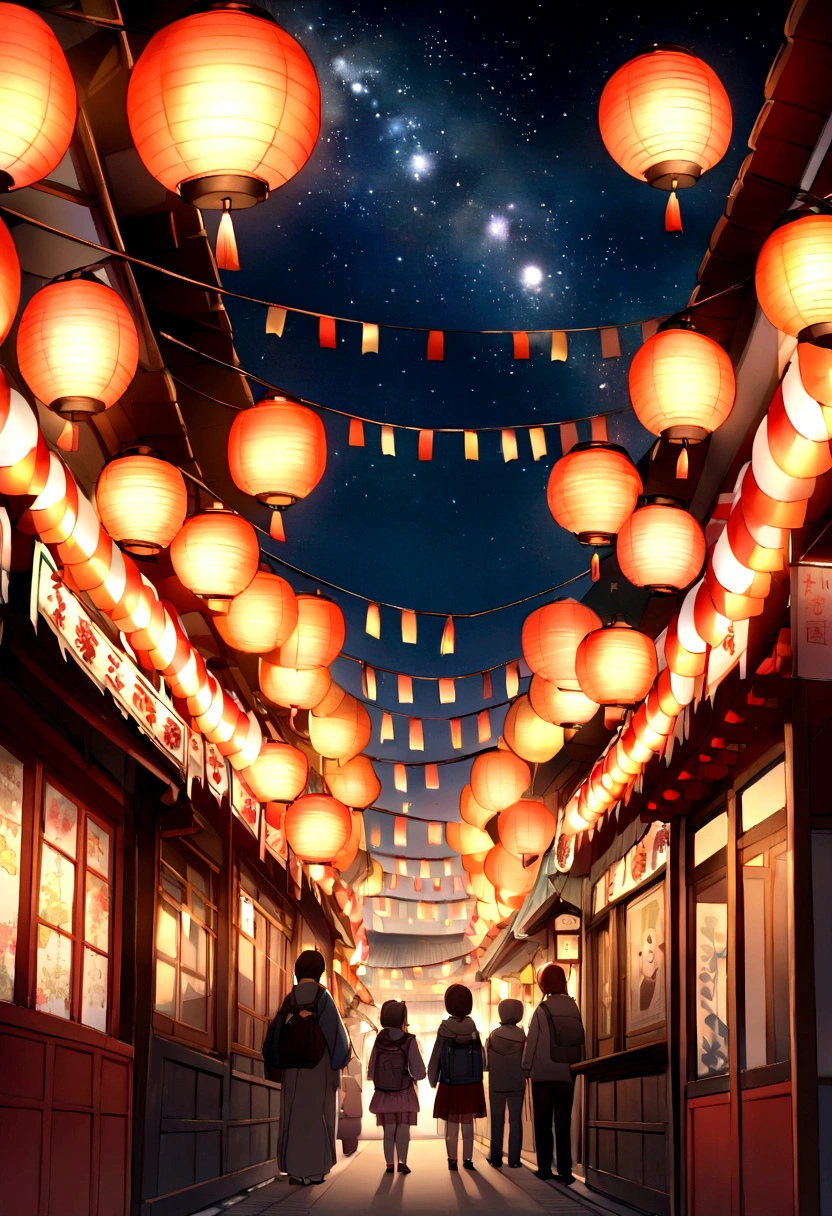 Summer festival、Japan、Bon festival lanterns、Starry Sky、The composition ratio of the sky is 60%、No people、The number of lanterns６t