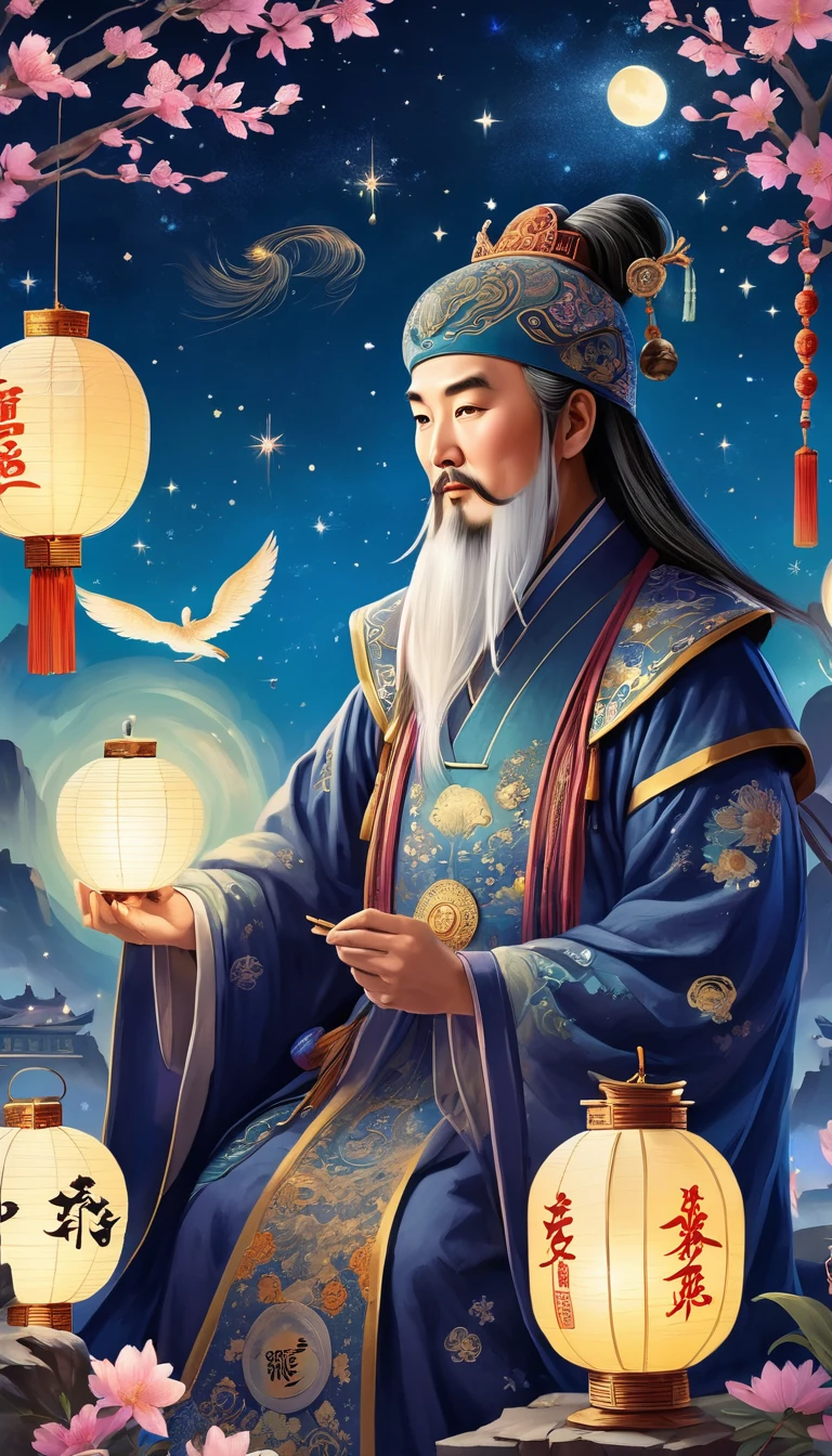Detailed fortune teller in oriental style, Zhuge Liang,Zhuge Kongming,Astrologer Kong Ming, Profile,flattery,Holding a feather fan,Feather fan,Looking at the night sky,Kongming Lantern,Paper lights, Galaxy, Starlight, Gossip symbols, Good fortune and prosperity