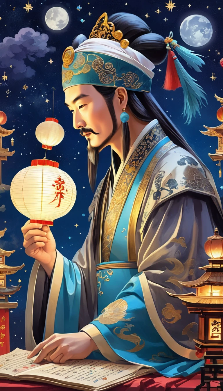 Detailed fortune teller in oriental style, Zhuge Liang，Zhuge Kongming，Astrologer Kong Ming, Profile，flattery，Holding a feather fan，Feather fan，Looking at the night sky,Kongming Lantern，Paper lights， Galaxy, Starlight, Gossip symbols, Good fortune and prosperity