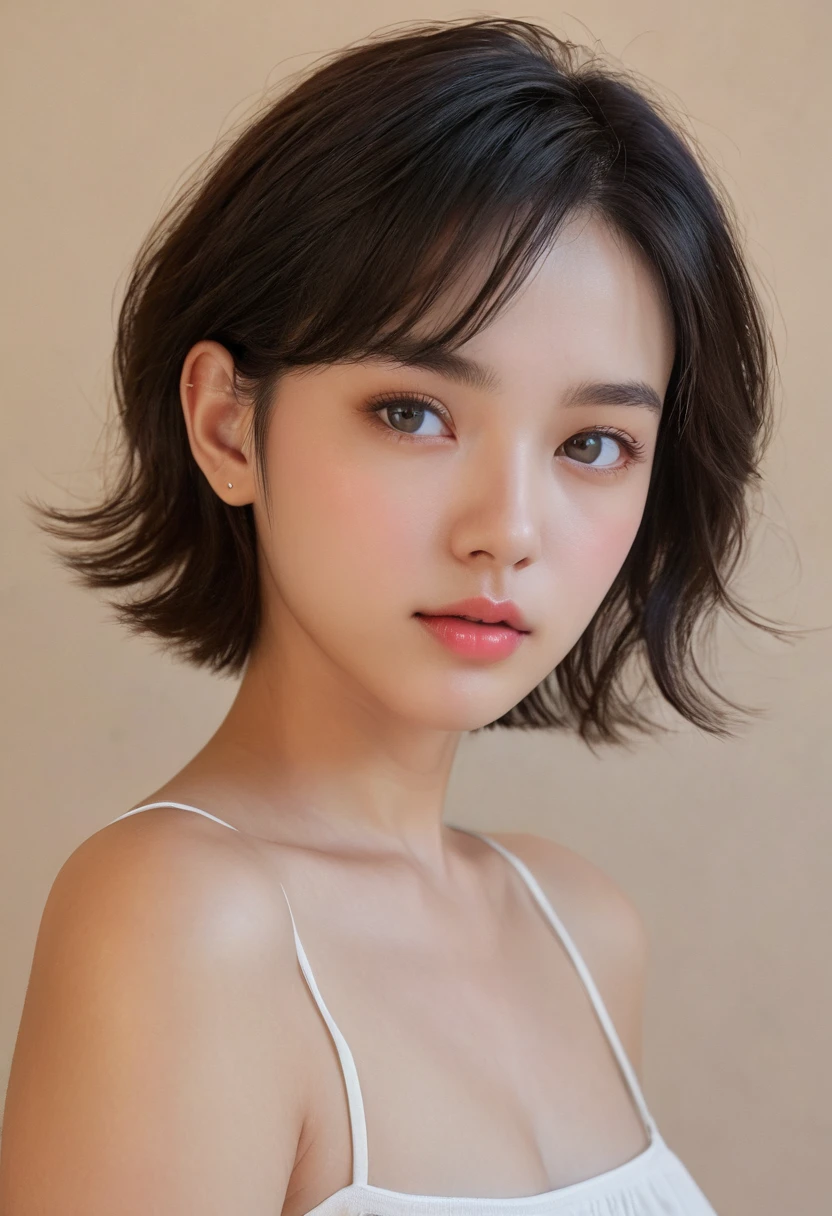 (masuter piece:1.3)、(8k、Photorealsitic、RAW Photography、top-quality: 1.4)、(1girl)、beautiful countenance、(lifelike face)、(A dark-haired、short-hair:1.3)、 Beautiful hairstyle、realisticeyes、Beautiful details、（real looking skin）、Beautiful skins、absurderes、enticing、超A high resolution、A hyper-realistic、high-detail、the golden ratio