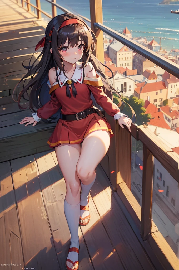 Highly detailed, high quality, masterpiece, beautiful, (all photographic shot), girl student girl, megumin character, perfect eyes, pretty eyes, beautiful eyes, clear eyes, blushing face, happy face, big thighs, with headband, medium chest, long hair, sexy, short skirt, shows full panties, background image on bridge