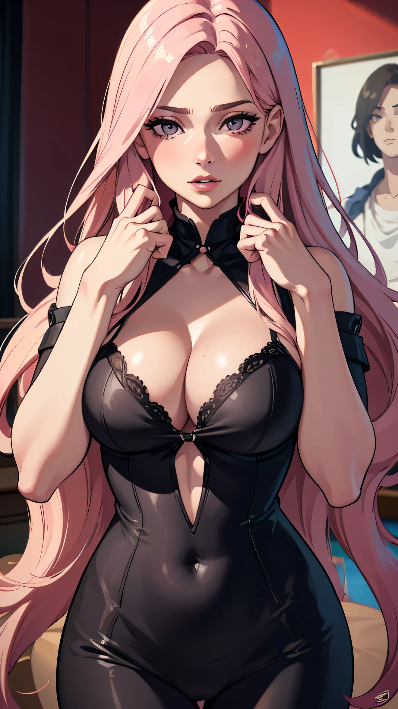 a beautiful detailed portrait of a female with pink long hair, perfect body, big breasts, cleavage, office attire, hands at chest, extremely detailed high quality realistic face, eyes, nose, lips, skin, hair, detailed hands and fingers, dramatic background, (best quality,8k,highres,masterpiece:1.2),ultra-detailed,(realistic,photorealistic,photo-realistic:1.37),studio lighting,physically-based rendering,vivid colors,half body