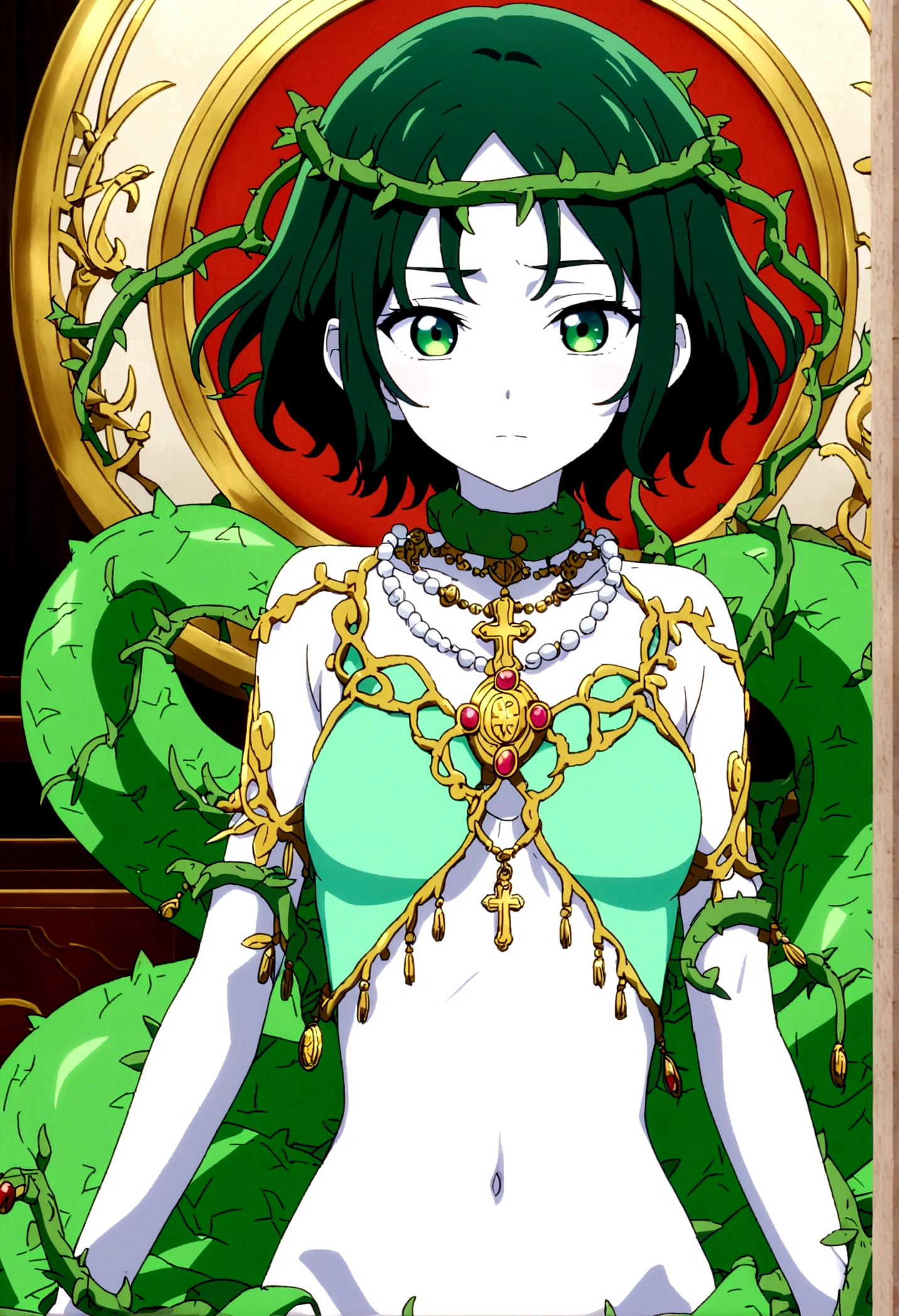 Ibara Shiozaki, Screenshot, anime format. medium-sized mermaid girl with green vines covered in thorns as hair, a couple of them wrapped around his forehead a few times in the shape of a cross. dark green eyes. A light green top with details made of lace with a gold medallion from which a white pearl necklace emerges that surrounds her neck, and a string of pearls that goes down. The top fits just above the navel, and the sleeves have a wavy cut. Its tail is emerald green with a lighter green and white fin. Around its tail is a golden ribbon.. White skin.