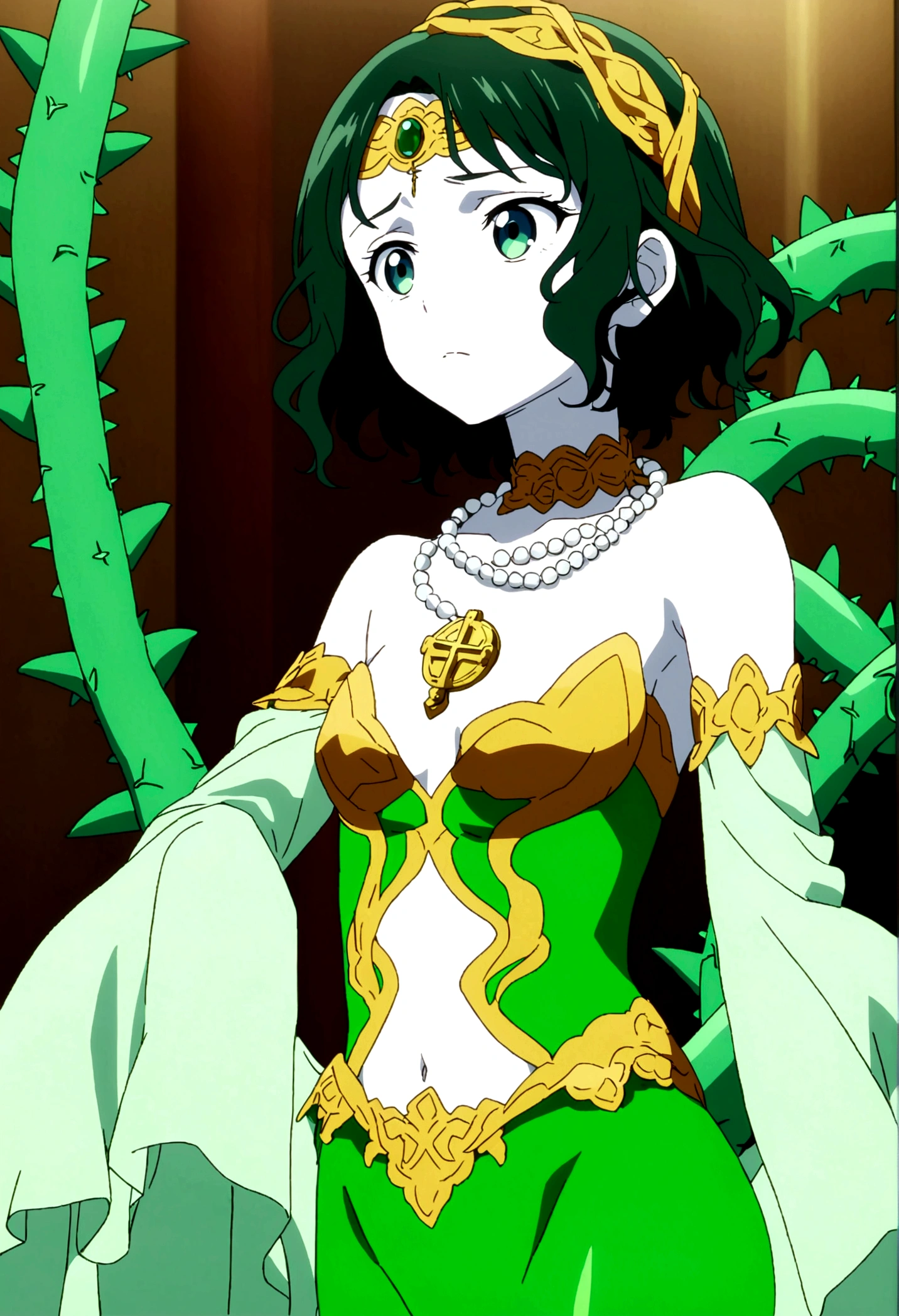 Ibara Shiozaki, Screenshot, anime format. medium-sized mermaid girl with green vines covered in thorns as hair, a couple of them wrapped around his forehead a few times in the shape of a cross. dark green eyes. A light green top with details made of lace with a gold medallion from which a white pearl necklace emerges that surrounds her neck, and a string of pearls that goes down. The top fits just above the navel, and the sleeves have a wavy cut. Its tail is emerald green with a lighter green and white fin. Around its tail is a golden ribbon.. White skin.