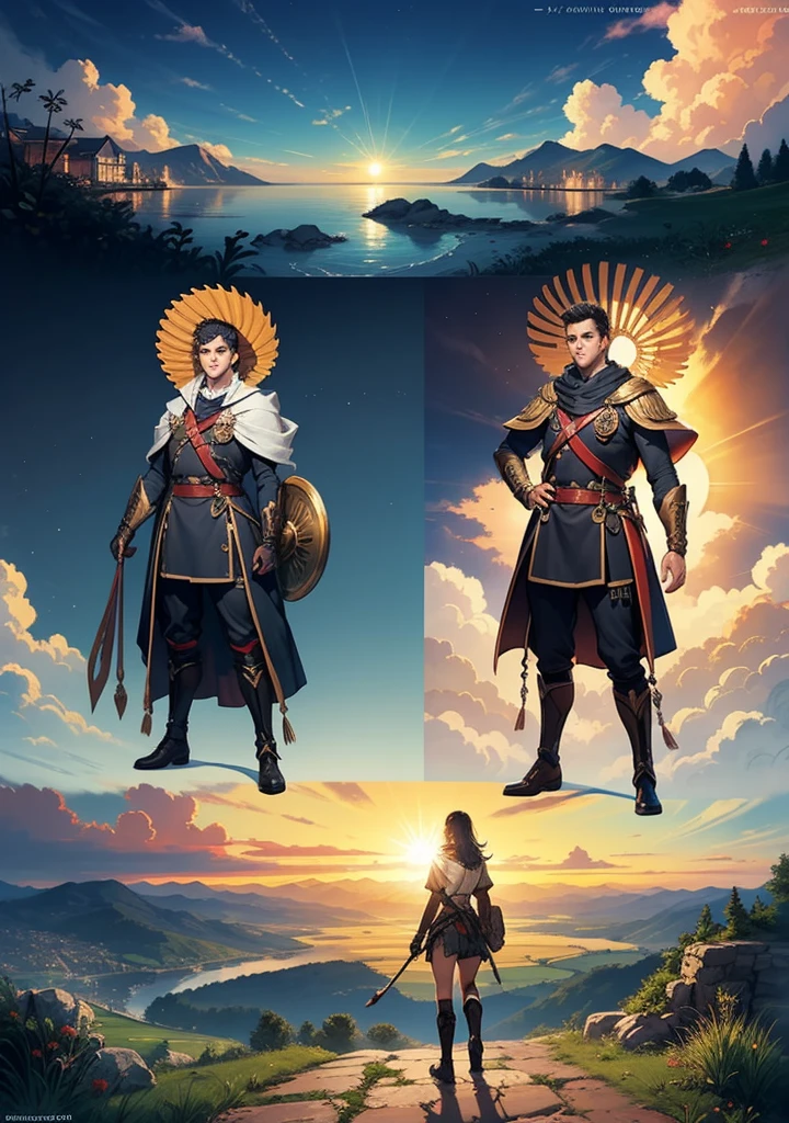 ((12k quality), ((concept art)), (detailed), Young Odyssey watching sunset from a valley, old roman soldier costume,main focus on the sun.
Sun rises between two connected hills.