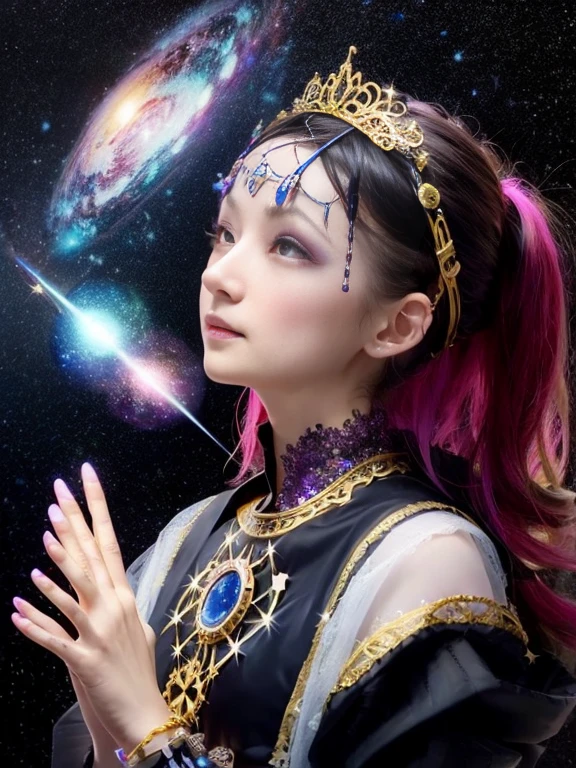 1 Girl, solo, (astrologer), (Circlet),
mysterious, Fantasy, grace, Calm, Silence, intellectual, ancient, Beyond time and space, dream, aura,
Dark eyeshadow, Star shaped glitter, Sparkling Highlights, Rich Lip Color, Smokey Eye, mysteriousなアイライナー,
universe space, shooting star, planet,
astrologerが魔法の杖を使って星を指し示している,
Sparkling meteor shower, Magic Light, Reflecting Galaxy