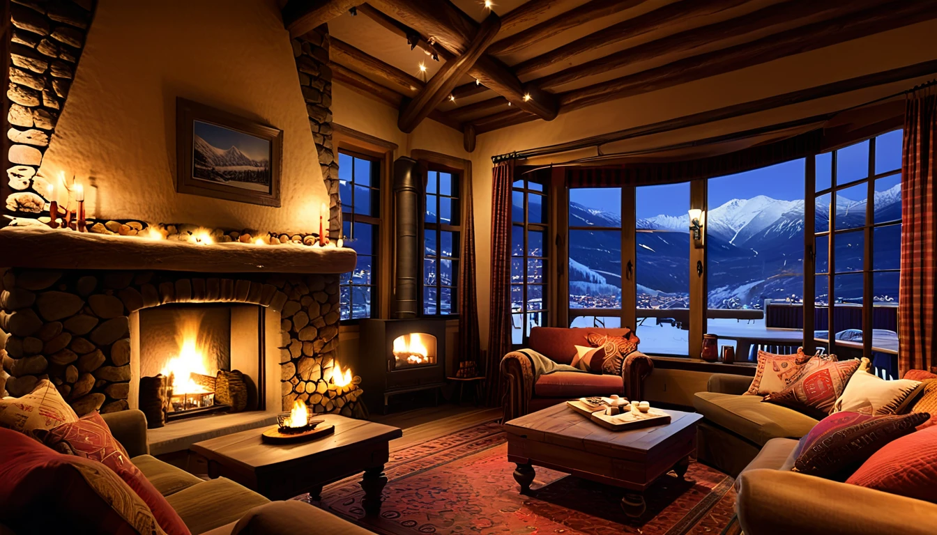 Create an image of a cozy, rustic interior with a roaring fireplace, plush seating, and large windows offering a stunning view of a snowy mountain village at night. and be filled with warm lighting to contrast the cold, twinkling lights outside. Include details such as decorative pillows, and a patterned rug to enhance the homely atmosphere.