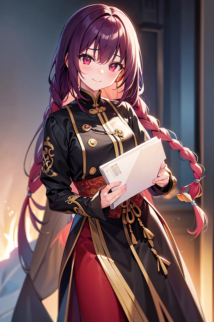 {{masterpiece}}, The best quality of life, Highly detailed CG Unity 8k wallpaper、Young people, Charm、(Long purple hair with some orange、The hair is braided in a single braid.)、Red eyes、Beautiful details in the eyes、White background、Anime characters、((Black Kung Fu Suit、Red and yellow decoration)Men wearing)、Smiling young man、Man standing facing forward、juvenile、(White background)
