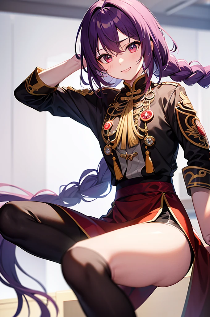 {{masterpiece}}, The best quality of life, Highly detailed CG Unity 8k wallpaper、Young people, Charm、(Long purple hair with some orange、The hair is braided in a single braid.)、Red eyes、Beautiful details in the eyes、White background、Anime characters、((Black Kung Fu Suit、Red and yellow decoration)Men wearing)、Smiling young man、Man standing facing forward、juvenile、(White background)