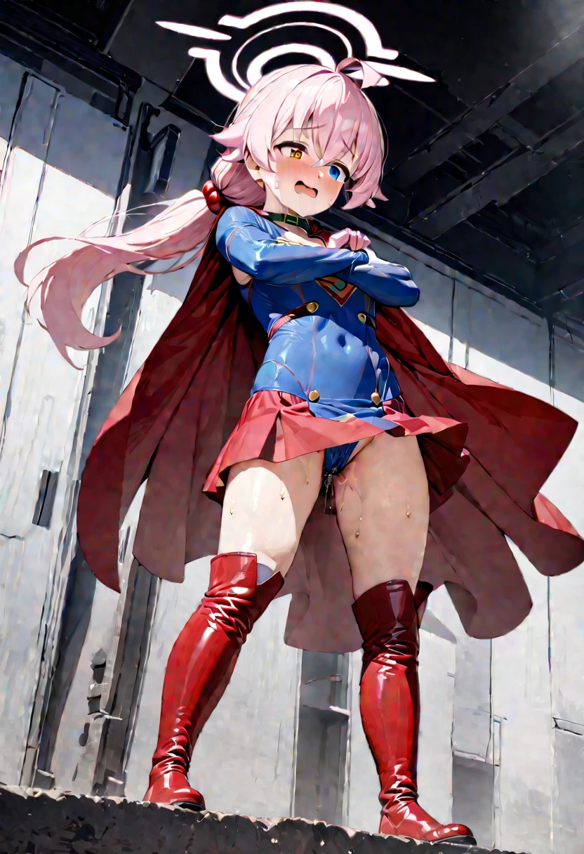 (full body), (masterpiece:1.2), (Highest_quality:1.2), (Ultra_detailed:1.3), 8K, Low - Angle,From below, 1 Girl,alone,大きなButtの女の子, red knee high long boots,wearing spcc costume with cape,( Supergirl), Blue leotard,Red mini skirt,Red Cape,gloves,hoshino-ponytail,hoshino \(blue archive\), heterochromia,medium hair,ponytail,pink hair,ahoge,Halation,Browsing Caution,Heart-shaped pupils,Masturbation,Masturbation,Man muscle,Groin, Butt,Sweat,,Climax,To convulsions,Wear a green collar,wrists tied with chains,