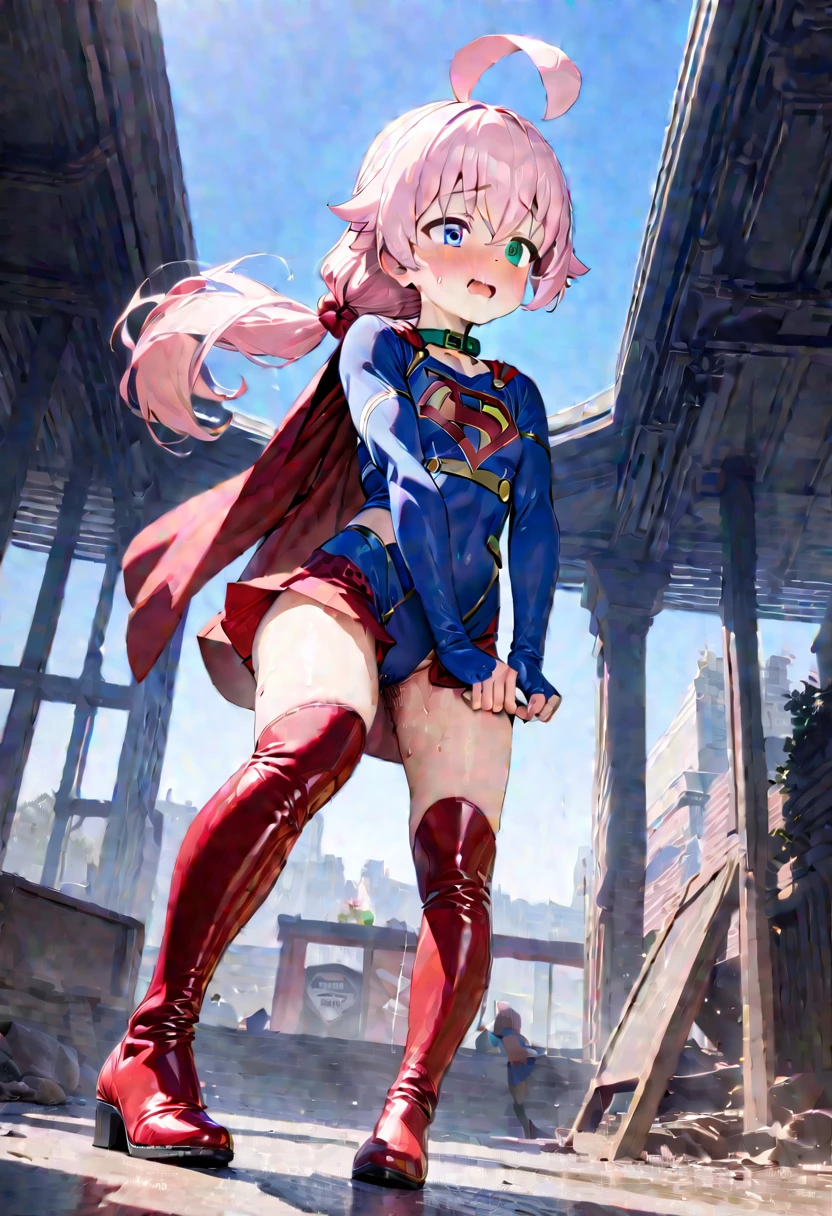 (full body), (masterpiece:1.2), (Highest_quality:1.2), (Ultra_detailed:1.3), 8K, Low - Angle，From below， 1 Girl，alone，大きなButtの***, red knee high long boots，wearing spcc costume with cape，( Supergirl), Blue leotard，Red mini skirt，Red Cape，gloves，hoshino-ponytail,hoshino \(blue archive\), heterochromia,medium hair,ponytail,pink hair,ahoge,Halation,Browsing Caution,Heart-shaped pupils,Masturbation，Masturbation，Man muscle，Groin, Butt,Sweat,，Climax，To convulsions，Wear a green collar，wrists tied with chains，