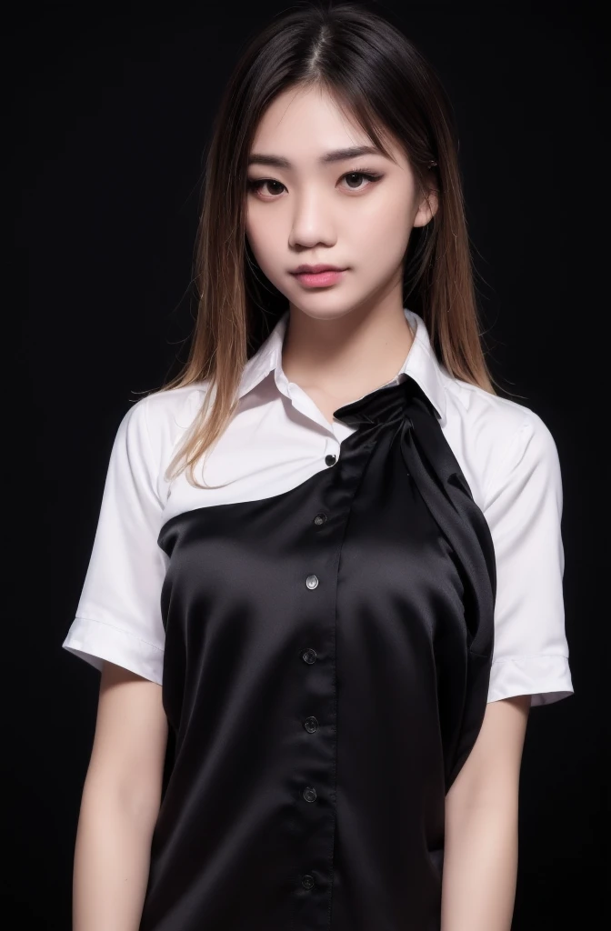 20 years old woman, (photorealistic:1.4, realistic), highly detailed CG unified 8K wallpapers, 1girl, (((thick body:0.8))), looking at viewer, (HQ skin:1.4), 8k uhd, dslr, soft lighting, high quality, film grain, Fujifilm XT3, ((upper body shot:1.2)), (((black silk collared shirt))), ((simple background, black background)),
