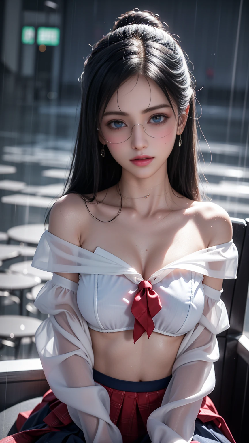 (RAW shooting, Photorealistic:1.5, 8K, Highest quality, masterpiece, Ultra-high resolution), Perfect dynamic composition:1.2, Night Street Corner, Looking up at the sky:1.3, (((Heavy rain from a typhoon))), Highly detailed skin and facial textures:1. 2, A slim high school girl wet with rain:1.3, Sexy beauty, Perfect Style:1.2, Aesthetic and beautiful, Fair skin, Very beautiful face, (Rain dripping all over my body:1. 2, Wet Hair:1.4, Wet Hair:1. 2)、Water droplets on the skin、(Medium chest、Chest gap)、(Shy laugh、The expression when feeling intense caressing、Facial expression when feeling pleasure)、(Beautiful blue eyes)、perfect body、Perfect fingertips(Girl sitting on train seat)、Highest quality作品、Live-action work、Ultra Premium Graphics、8K HD CG作品、High Quality Graphics、High-definition CG works、10x pixels、Ultra-fine details:1. 1、Advanced technical details:1.1、Photorealistic、室内Lighting Effects:1.5、Natural light:1.5。Lighting Effects(バーチャルLighting Effects:1. 8),(Thin eyebrows),(High nose),(Clean red lips),(Rose Cheeks),(Subtle makeup face),(Girl),(Cute face),(Perfectly balanced face),(Light-toned foundation),(Enhances the clarity of the skin)((Off the shoulder、Translucent wet white blouse、loose red tie、Navy blue checked skirt)).( Wet light blue bra、Pink nipples)、Clothes with a lovely swirl pattern design、Iris Heterochromatic Eyes、Silver Haired Girl、壁紙HDのOff the shoulder、((Nipples))、(Puffy eyes:1. 2)、(Thin legs)、(Light on face and chest)、((((Underboob))))、Underboob、Oily skin、Skinny、(the underside of the chest is slightly visible)、 (Underboobが見える、Belly button and ribs visible)、The hips and lower abdomen are visible、
40k, photograph, On the table, Highest quality, Rain Background, ((明るい髪Girl, She has a beautiful face and、Wear glasses,