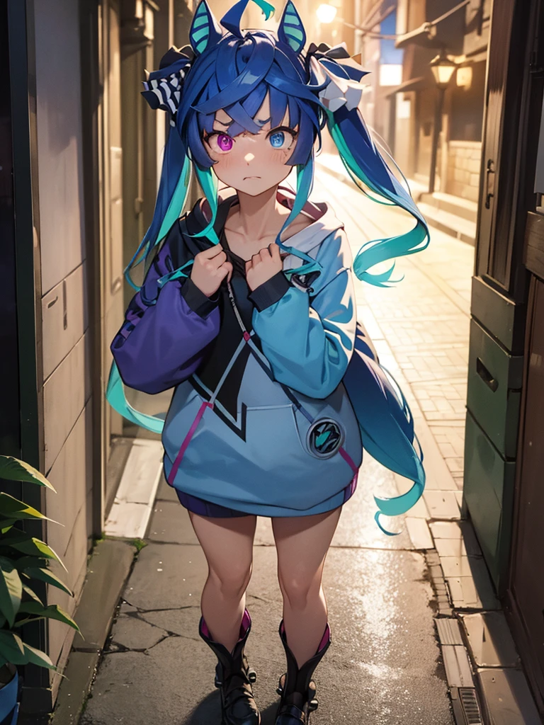 (masterpiece、top-quality、hight resolution)、A scene depicts a streetwalker in a quiet, dark alley at night, nervously offering her services. She stands with a hesitant posture, her eyes downcast, and her hands fidgeting. She shyly asks, "Brother, would you like to buy me?" The background is a dimly lit alley with shadows cast by the few distant streetlights, emphasizing the isolation and vulnerability of the moment. Twin_Turbo_Umamusume, aqua hair, twintails, heterochromia, purple eyes, blue eyes, sharp teeth, multicolored hoodie, flat chest, hores tails, nsfw, ((embarrassment))