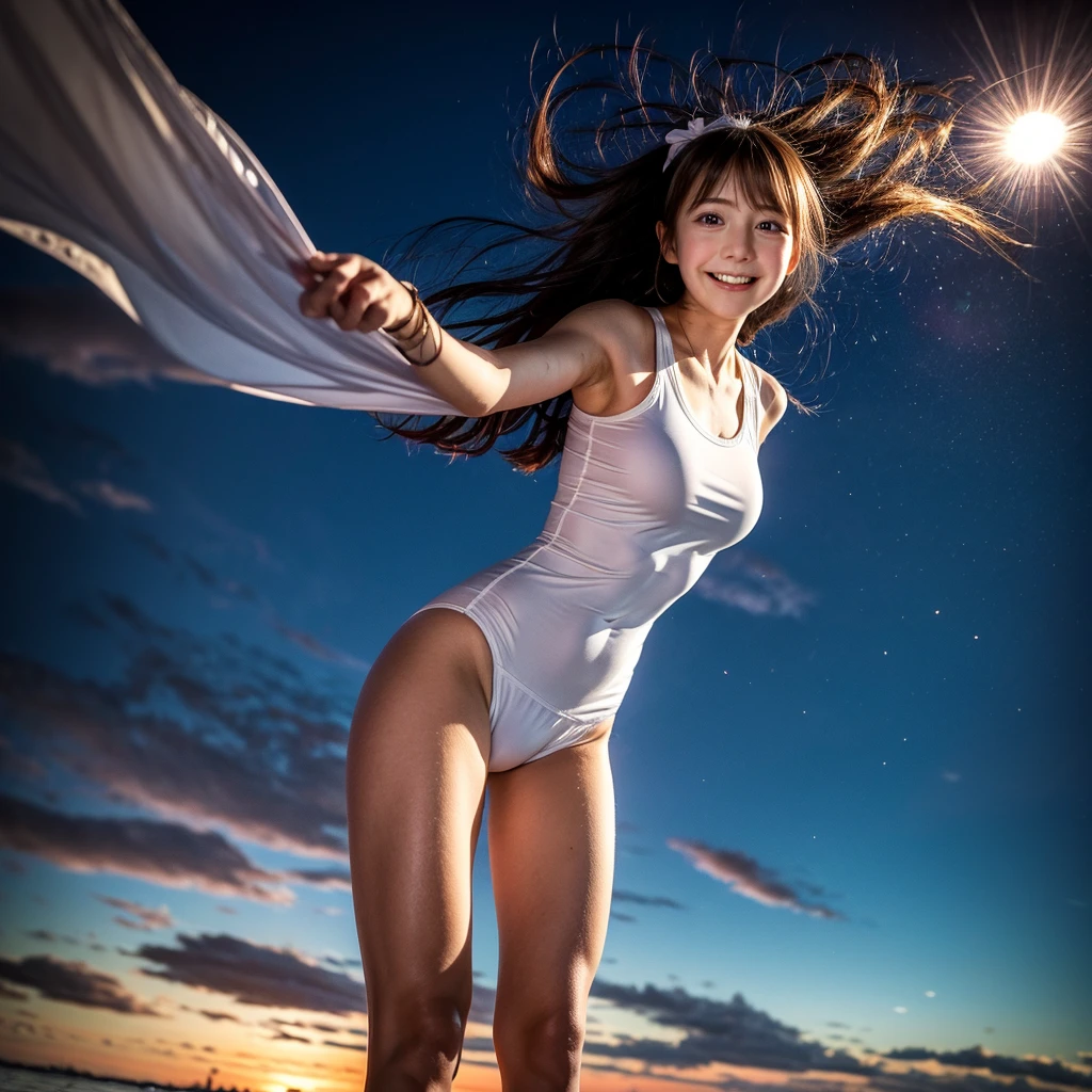 ((ExtremelyDetailed ( KAWAII Girl Floating:1.37) in WHITE at Dusk Enoshima Beach)), (masterpiece 8K TopQuality) (ProfessionalPhoto:1.37), {(Standing Full Body:1.2)|(from below:1.2)}, Different types of hair colors, {(White skinny(School Swimwear))|(SchoolUniform) with Tiny AthleticShorts}, {(Corrected Childish hand)|Hidden hand|Armpit|Different types of breasts|(Clearly Visible the shape of Butt)}, Joyful Expressions LifeLike Rendering, PerfectLighting, Dazzling Horizon {Colorful Clouds | Starry IridescentParticles} VolumetricLighting (Acutance:0.8)