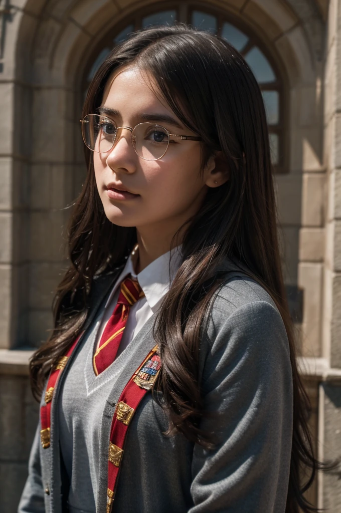 best quality, 8k, very delicate and beautiful, highly detailed face and skin texture, shiny skin, high resolution, beautiful long hair glasses age girl wearing black hogwarts uniform and red stripes stand in front of castle, gryffindor, sharp focus