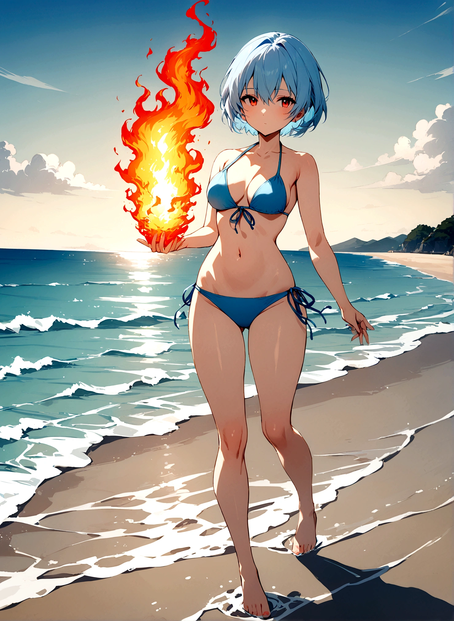 masterpiece, Highest quality, Rei Ayanami, One girl,Beautiful Eyes,Light blue hair,Short Bob,bikini,whole body,Seaside