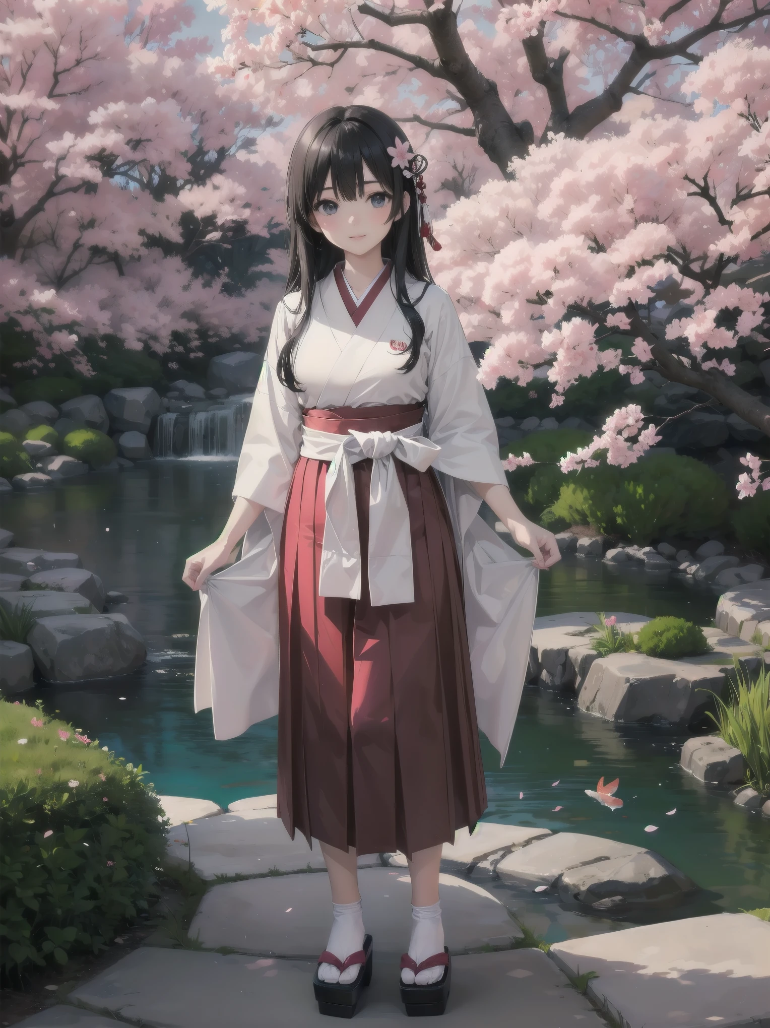 (Masterpiece: 1.2), (Best quality: 1.2), Superb resolution, Very detailed. BREAK. ((Anime girl in cute traditional Japanese school uniform)), clear girl, (1, Serene, 17 years old: 1.3), gentle smile, graceful pose, long straight hair, calm eyes, slender figure, (Top quality: 1.2), very high resolution, very detailed. Expressive eyes, beautifully detailed lips, high resolution detailed hair, perfect face, porcelain skin, elegant hands, perfect lighting. BREAK. ((Modern take on traditional hakama uniform)), ((White kimono-style top, red hakama skirt: 1.3)), cherry blossom embroidery, geta sandals. BREAK. (Traditional Japanese school garden), zen rock garden, koi pond, cherry blossom trees, (cowboy shot composition: 1.2). BREAK. ((Positive: 1.3)). BREAK. Digital animation art, traditional anime style illustration