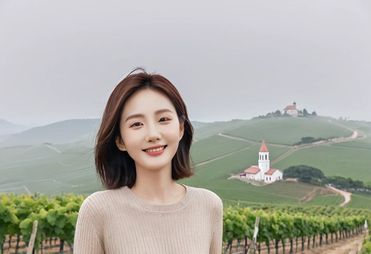 8k best picture quality, Beautiful 36-year-old Korean woman, You have good skin and big and pretty eyes.. Chest size 34 inches, italian countryside, past the vineyard, The cathedral can be seen in the distance in thick fog.., The back background is realistic and vivid quality., Short and medium hair blowing in the wind, Wearing a classy luxury knit top and beige jeans, smile. the background is clear, Short and slim Korean woman, stand far away, Photo taken with a wide-angle lens, 1 woman. 
