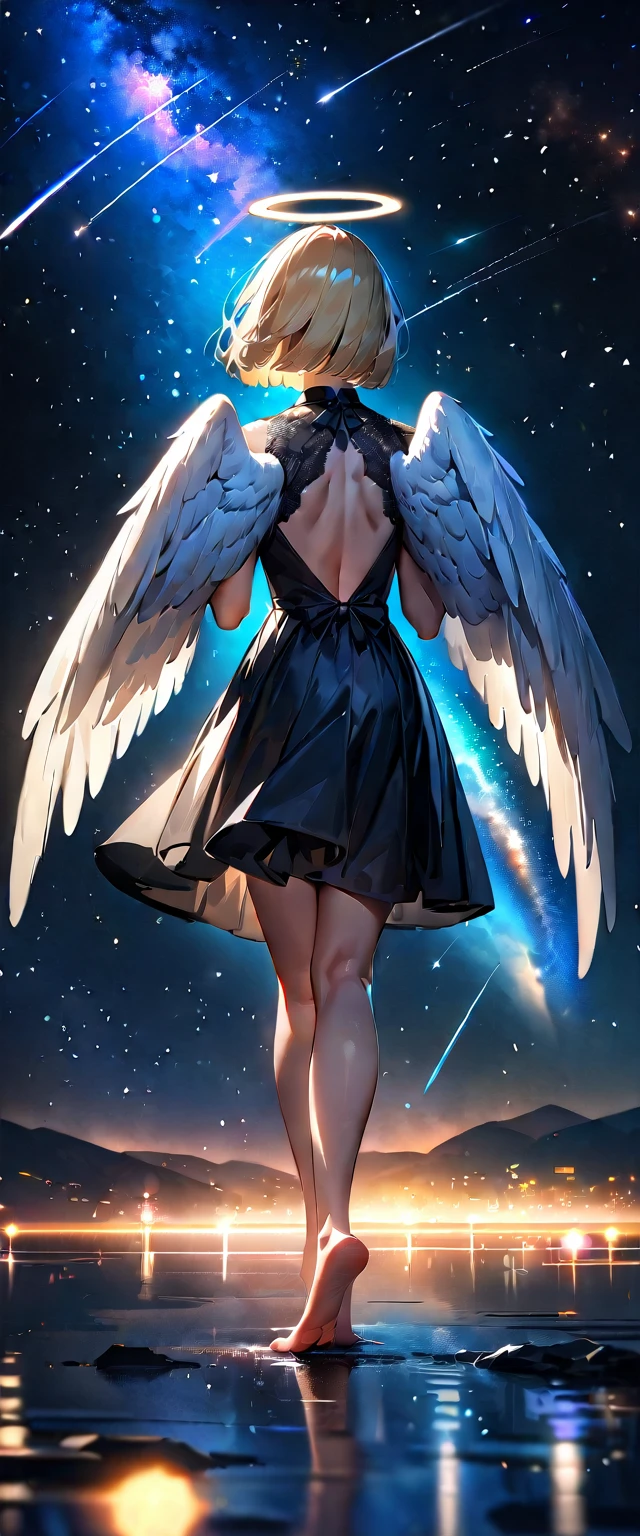 (((A meteor shower dancing in the night sky, countless stars twinkling in the clear air, a beautiful starry sky, the Milky Way shining beautifully in the night))), flying, (((with big angel wings on back))), halo, backless dress, looking up, mountain, wide shot, back shot, a girl, bob cut, bare legs, bare foot, blond hair, (best quality, 4K, 8K, highres, masterpiece:1.2, ultra-detailed, HDR, uhd, studio lighting, ultra-fine painting, sharp focus, physically-based rendering, extreme detail description, professional, vivid colors, bokeh)