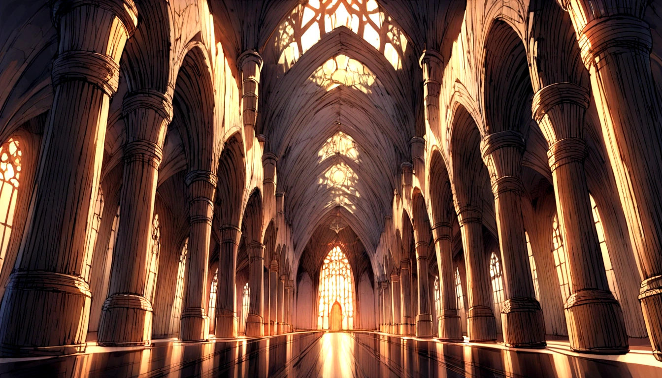 The spacious and long Gothic hall，High ceilings，There are many buttresses with columns, At the end of the hall there is a tall and wide wooden door.