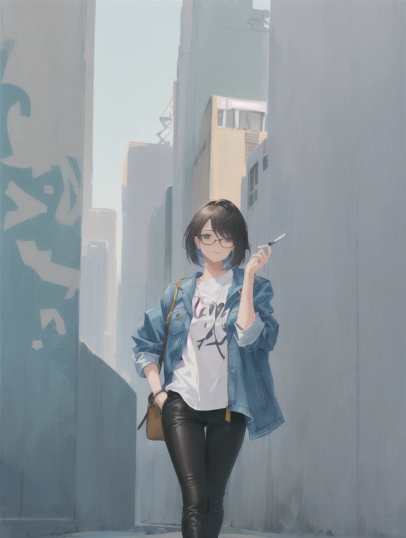 Design a cool girl with glasses, a jacket, and a cigarette. She has a confident and stylish appearance with a modern, urban look. Her glasses are trendy, complementing her sharp features and expressive eyes. She wears a fashionable jacket, either leather or denim, that adds to her edgy vibe. She holds a cigarette in a relaxed, nonchalant manner, adding to her cool demeanor. Her hair is styled in a contemporary fashion. The background features an urban setting with graffiti or cityscape elements, enhancing the modern and stylish atmosphere.