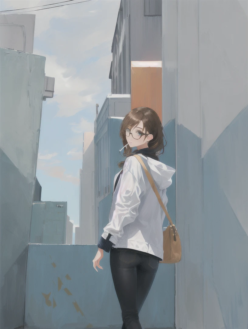 Design a cool girl with glasses, a jacket, and a cigarette. She has a confident and stylish appearance with a modern, urban look. Her glasses are trendy, complementing her sharp features and expressive eyes. She wears a fashionable jacket, either leather or denim, that adds to her edgy vibe. She holds a cigarette in a relaxed, nonchalant manner, adding to her cool demeanor. Her hair is styled in a contemporary fashion. The background features an urban setting with graffiti or cityscape elements, enhancing the modern and stylish atmosphere.