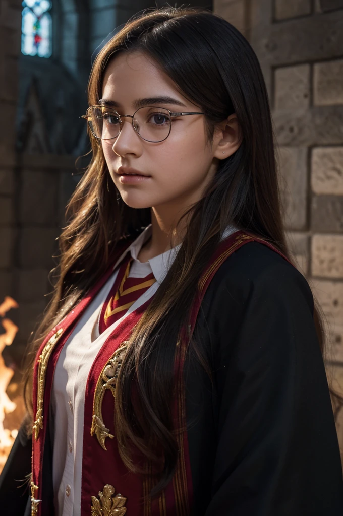 best quality, 8k, very delicate and beautiful, highly detailed face and skin texture, shiny skin, high resolution, beautiful long hair glasses teenage girl wearing black hogwarts uniform and red stripes stand in front of castle, gryffindor, sharp focus