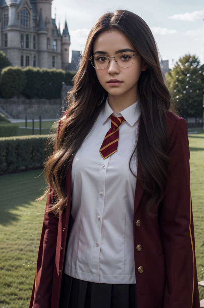 best quality, 8k, very delicate and beautiful, highly detailed face and skin texture, shiny skin, high resolution, beautiful long hair glasses teenage girl wearing black hogwarts uniform and red stripes stand in front of castle, gryffindor, sharp focus