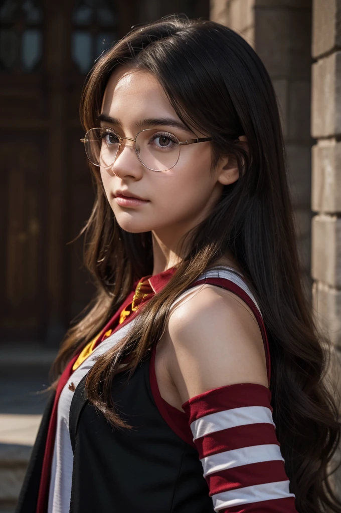 best quality, 8k, very delicate and beautiful, highly detailed face and skin texture, shiny skin, high resolution, beautiful long hair glasses teenage girl wearing black hogwarts uniform and red stripes stand in front of castle, gryffindor, sharp focus