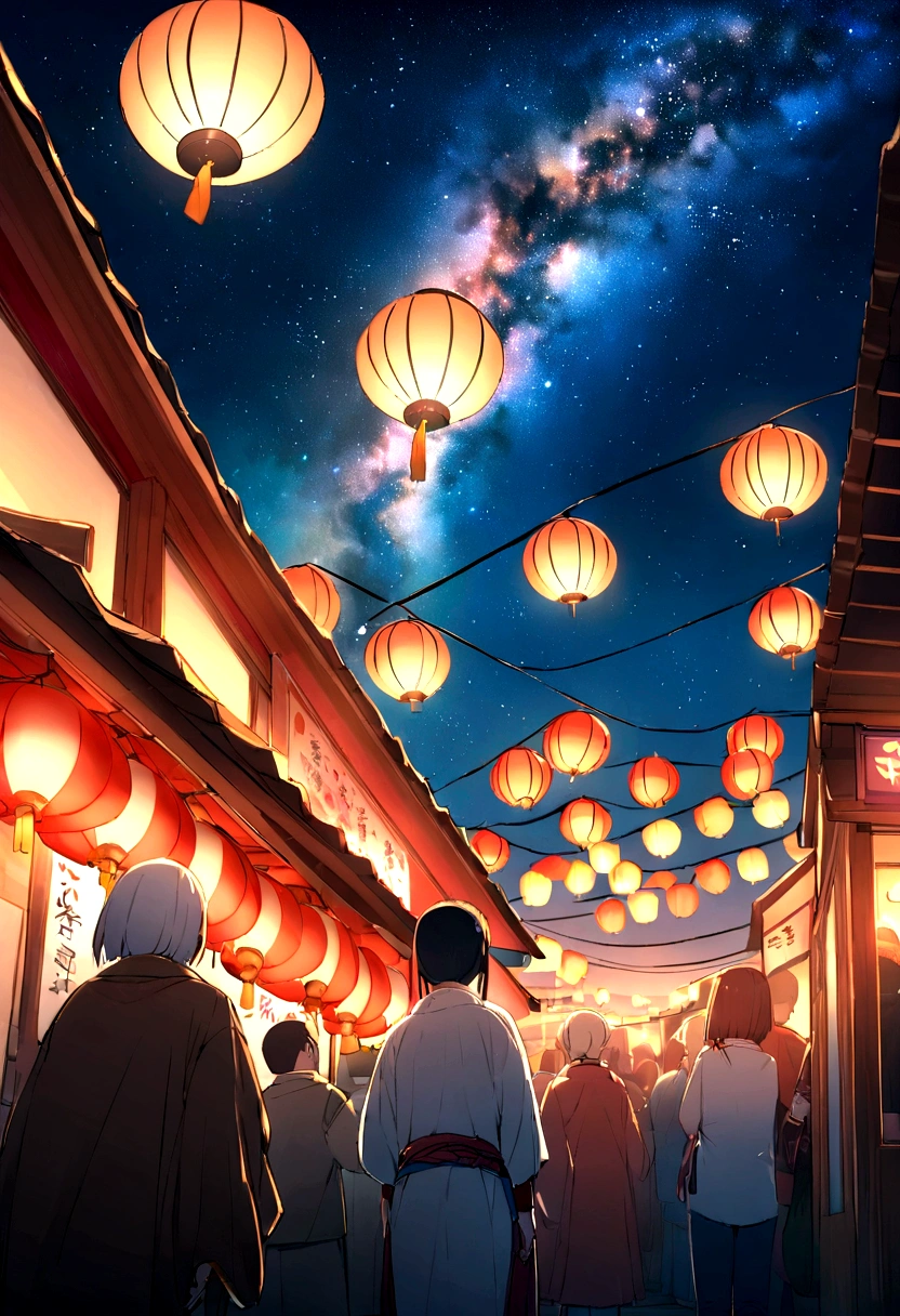 Summer festival、Japan、Bon dance、milky way、The composition ratio of the sky is 60%、No people、The number of lanterns６t
