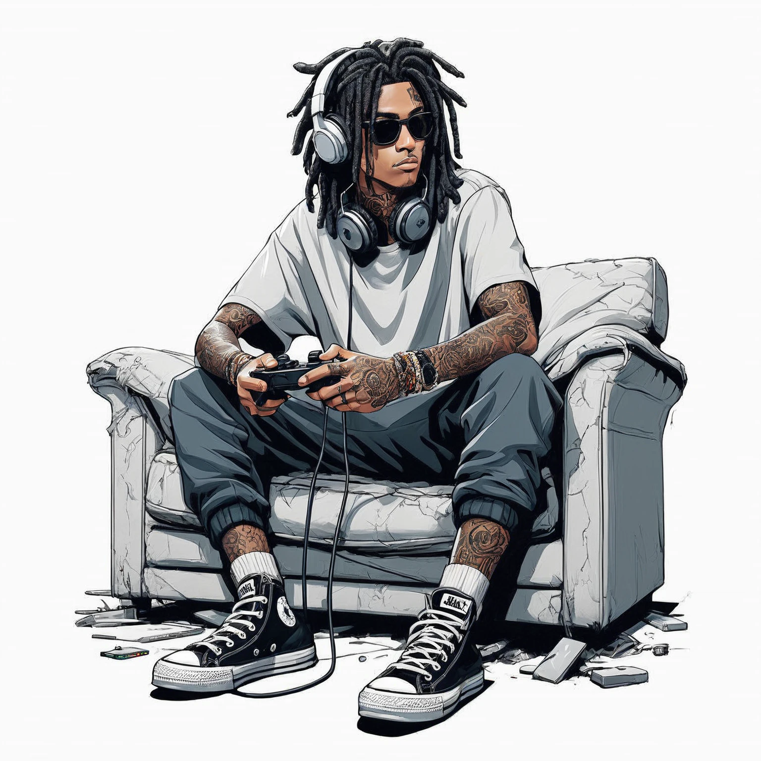 arafed man sitting on a couch with headphones and a game controller, hd artwork, hq artwork, high quality artwork, raggae art, high quality fanart, gamer, chief keef, sittin, official artwork, video game style, 2 d style, sharp high quality artwork, with headphones, in style of digital illustration, game art!!, extremely high quality artwork