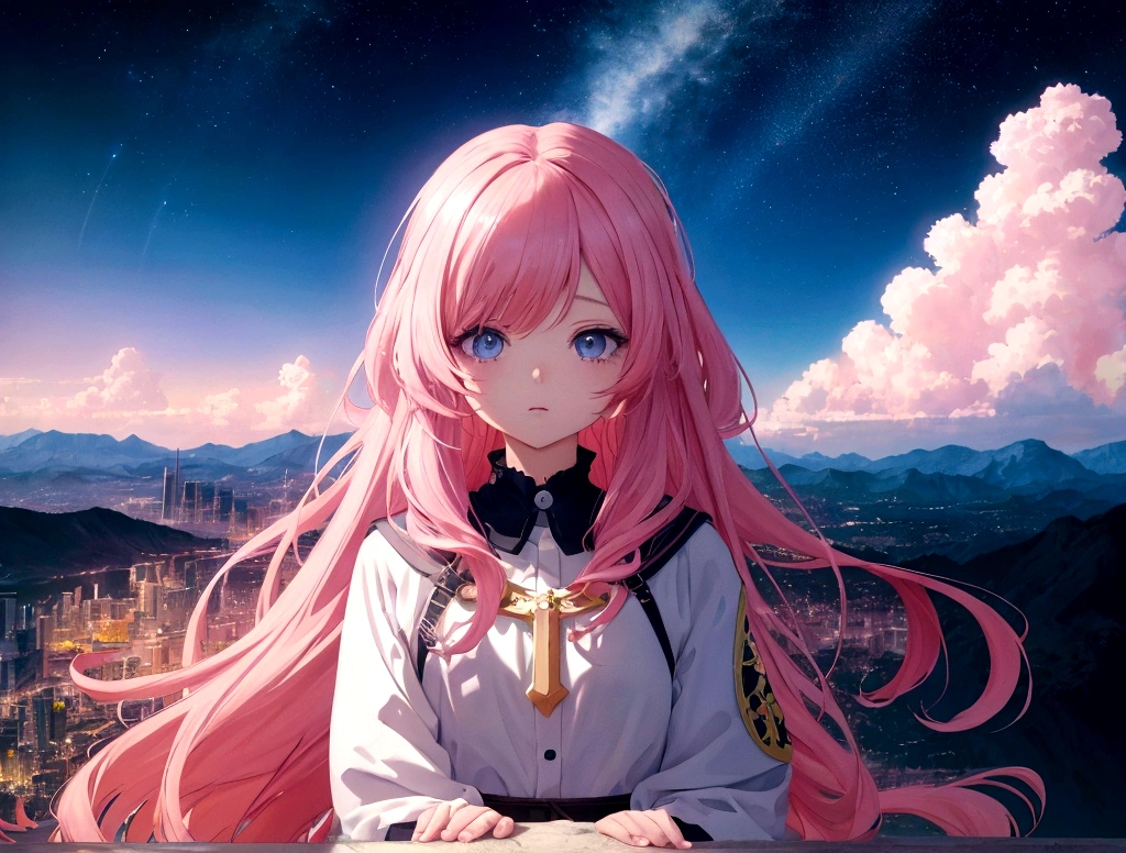 Absurd, High resolution, (Official Art, beautifully、aesthetic:1.2), Close-up,
Bright Sky, A vast world, girl, stare, Awe-inspiring expressions, light pink long hair, Lo-fi Girl, Kaisei and Artgelm, Anime atmosphere, Lofi Artstyle, Anime Style 4k, Anime Aesthetics, Lo-fi feeling, Lofi Art, anime art wallpaper 4k, An atmosphere of praise, Emotional cityscape