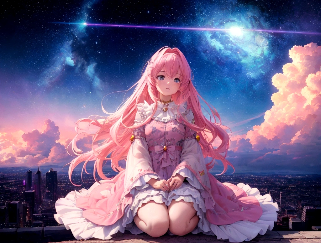 Absurd, High resolution, (Official Art, beautifully、aesthetic:1.2), Close-up,
Bright Sky, A vast world, girl, stare, Awe-inspiring expressions, light pink long hair, Lo-fi Girl, Kaisei and Artgelm, Anime atmosphere, Lofi Artstyle, Anime Style 4k, Anime Aesthetics, Lo-fi feeling, Lofi Art, anime art wallpaper 4k, An atmosphere of praise, Emotional cityscape
