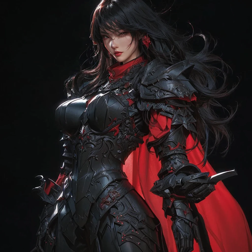 Close up of woman in red cape and black clothes, by Jay Yang, armor girl, cool character art, Epic exquisite character art, A truly beautiful berserker woman, Detailed animated character art, black and red armor, Detailed digital animation art, of a beautiful Female Knights, woman in red armor, Female Knights, Black armor, female character