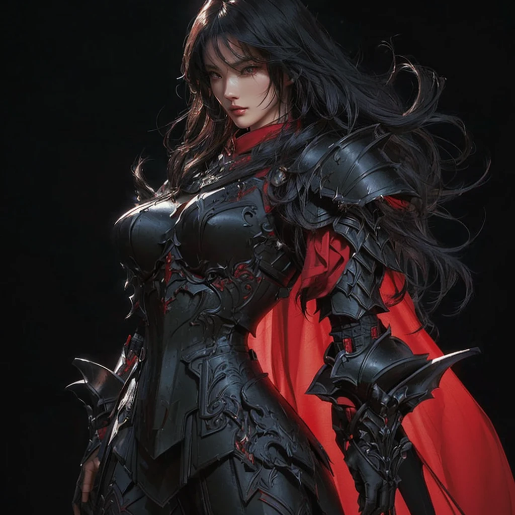 Close up of woman in red cape and black clothes, by Jay Yang, armor girl, cool character art, Epic exquisite character art, A truly beautiful berserker woman, Detailed animated character art, black and red armor, Detailed digital animation art, of a beautiful Female Knights, woman in red armor, Female Knights, Black armor, female character