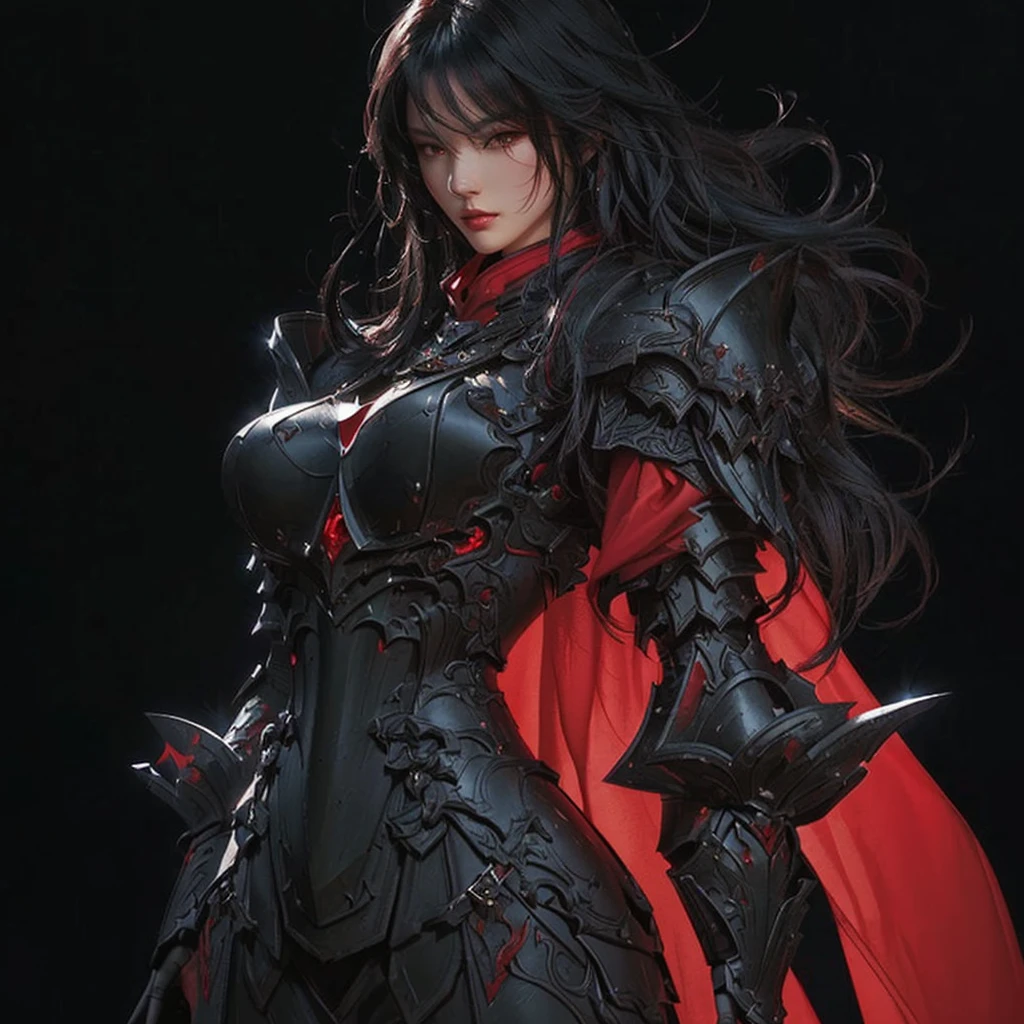 Close up of woman in red cape and black clothes, by Jay Yang, armor girl, cool character art, Epic exquisite character art, A truly beautiful berserker woman, Detailed animated character art, black and red armor, Detailed digital animation art, of a beautiful Female Knights, woman in red armor, Female Knights, Black armor, female character