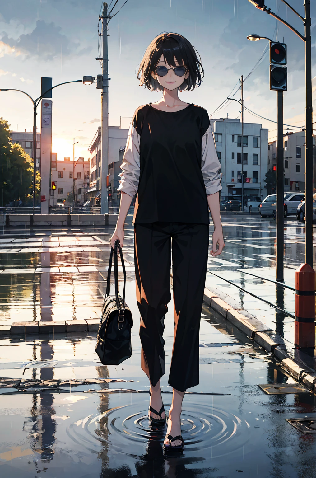 Beautiful masterpiece, best quality, Illustration style，smile， Anime Girl, beautiful eyes, summer, Wide leg pants，shirt，sunglasses，trend，small, Heartwarming, Youthful and beautiful,,Regular Clothes，Black and white,, showing a natural casual style. Dynamic posture contains the golden ratio, Large aperture portrait, White space, Strong contrast between light and shadow, Super texture, Super clear and concise pictures, presenting extremely beautiful, temperament, subtle facial expressions, City background, rain, Road area water reflection，one person
