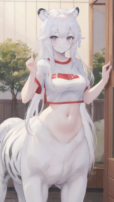(best quality, masterpiece), 1 girl, centaur, It takes, White skin, Korean , exposing the abdomen,sports bra, 아름다운 소녀 perfect white tiger photo, perfect white tiger photo
