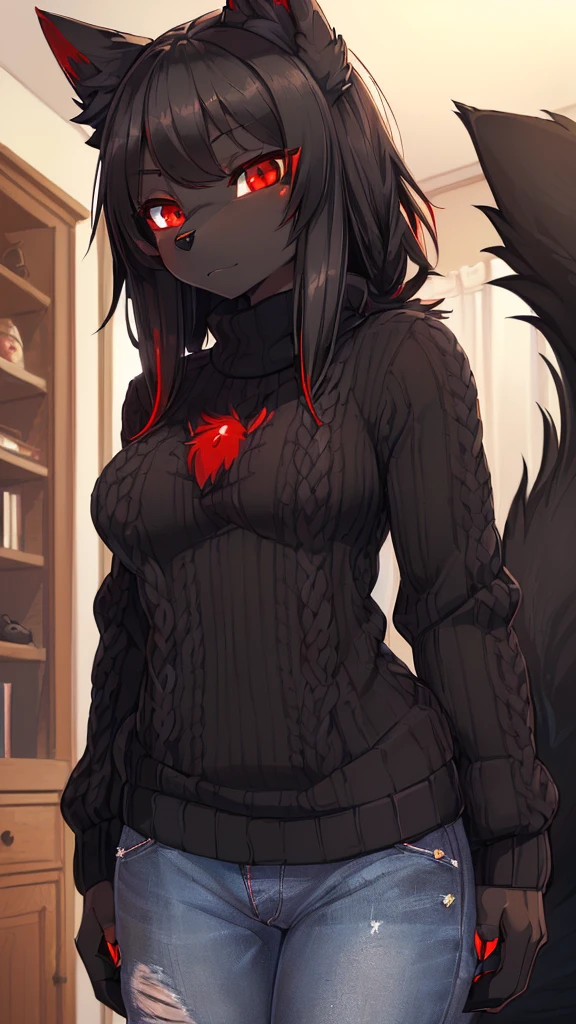 (furry art:1.4), (masterpiece, best quality:1.2), (Illustration:1.0), (black sweater:1.4), (natta_Environment), (red eyes:1.6), (Ultra-detail:1.2), (1Girl, alone), (Wolf_Girl, hairy anthropomorph:1.6), (anthropoform_feminine_Wolf:1.2), (black fur, black skin:1.5), (medium breasts), (black hair:1.4), ((black cock)), (Shy_Girl:1.2), length hair, (portrait:1.2), Jeans