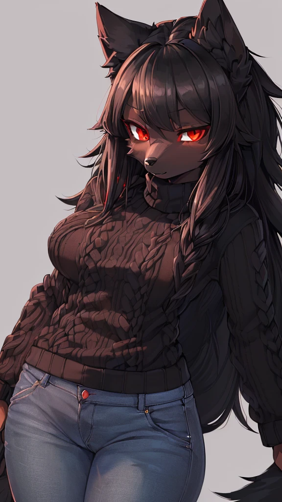 (furry art:1.4), (​masterpiece, best quality:1.2), (Illustration:1.0), (black sweater:1.4), (natta_Environment), (red eyes:1.6), (Ultra-detail:1.2), (1Girl, alone), (Wolf_Girl, hairy anthropomorph:1.6), (anthropoform_feminine_Wolf:1.2), (black fur, black skin:1.5), (medium breasts), (black hair:1.4), ((black cock)), (Shy_Girl:1.2), length hair, (portrait:1.2), Jeans