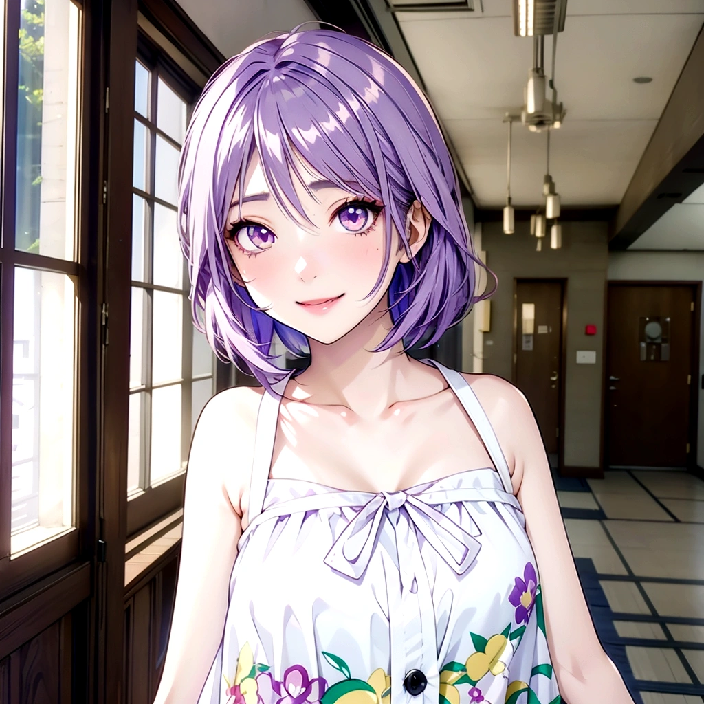 Golden Eyes、Toothy smile、Anime girl with purple hair and white top standing in a hallway, Realistic Anime 3D Style, Cute realistic portrait, My Dress Up Darling Anime, Semi-realistic anime, Semi-realistic anime style, Anime-style 3D, Realistic young anime girl, Smooth anime CG art, 3D Anime Real, Semi-realistic anime, Stylized anime, Cute Anime Girl