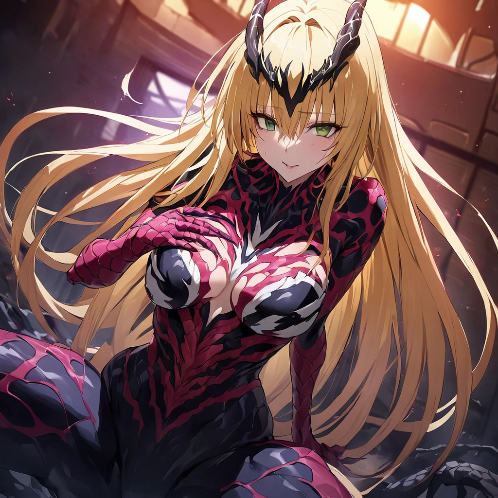 ((Highest quality)), ((masterpiece)), (detailed), （Perfect Face）、The Venom woman is Tearju, a green-eyed, blonde, medium-long-haired female Venom, whose body has been completely transformed into Venom and who is wearing a Venom suit that fits her entire body, including her head, covering her completely, and she has been reborn as the Venom Queen.