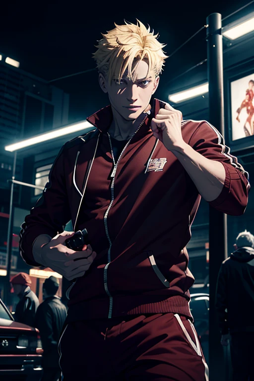 A male with blonde hair wearing a red tracksuit, holding cursed katanas, grinning maniacally, engulfed in dark energy in a parking lot background, jujutsu kaisen sorcerer style, (best quality,4k,8k,highres,masterpiece:1.2),ultra-detailed,(realistic,photorealistic,photo-realistic:1.37),hyperrealistic,vibrant colors,cinematic lighting,dramatic pose,chiaroscuro,dark fantasy