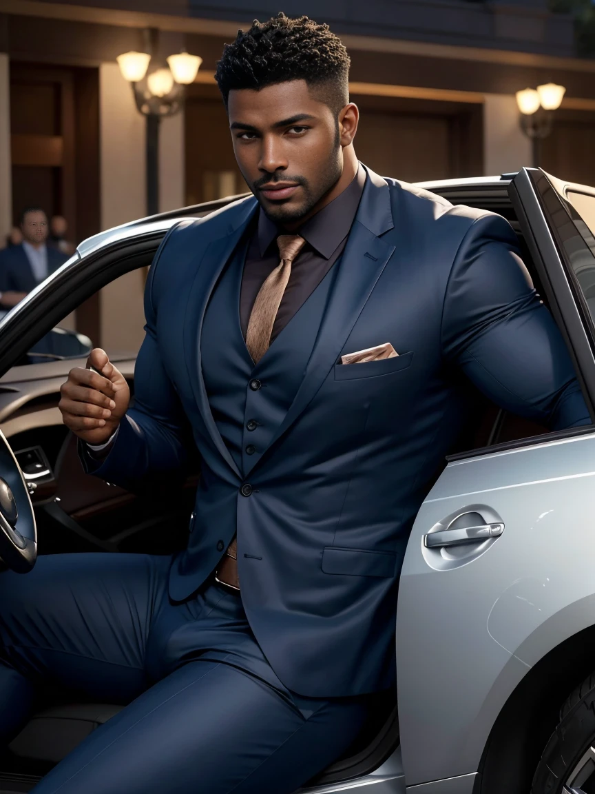 8K，8K resolution，2 Muscular Europeans, handsome man，charming eyes，dark skin,beautiful, smooth and shiny，Full muscles，Thick body hair， (wearing a stylish suit)，big bag highlights，Excellent j8，emphasize，Driving a luxury convertible，The car is full of roses，Two men smiling happily，professional lighting，Professional photography，Realistic photos，realistic model，realistic art，Perfect hand details